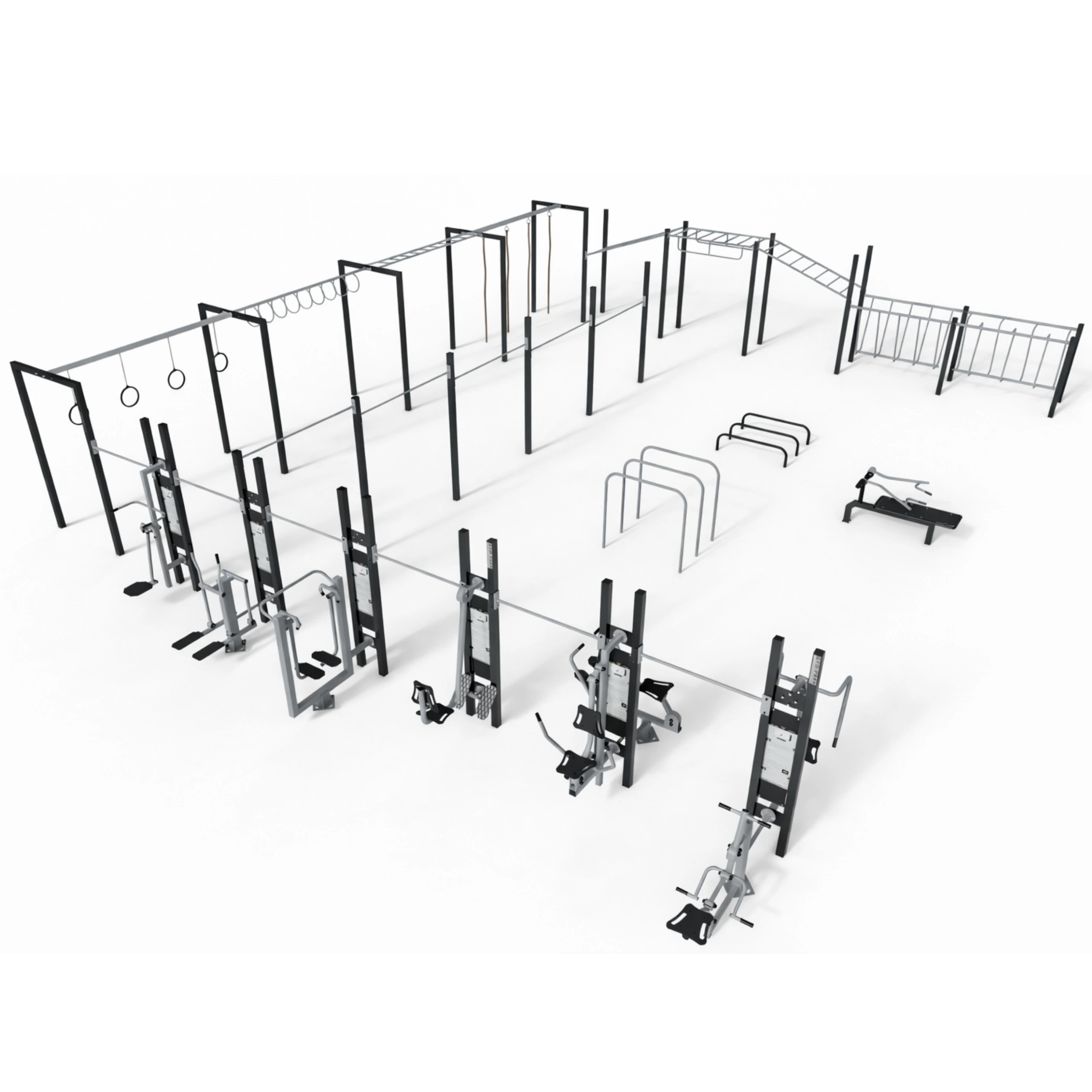 Strefa treningowa na świeżym powietrzu z konstrukcjami calisthenics